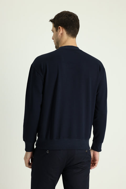 Orta Lacivert Bisiklet Yaka Slim Fit Dar Kesim Baskılı Sweatshirt