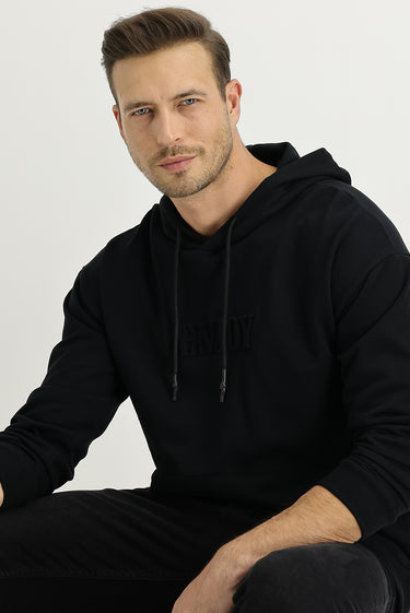 Siyah Kapüşonlu Baskılı Pamuk Sweatshirt