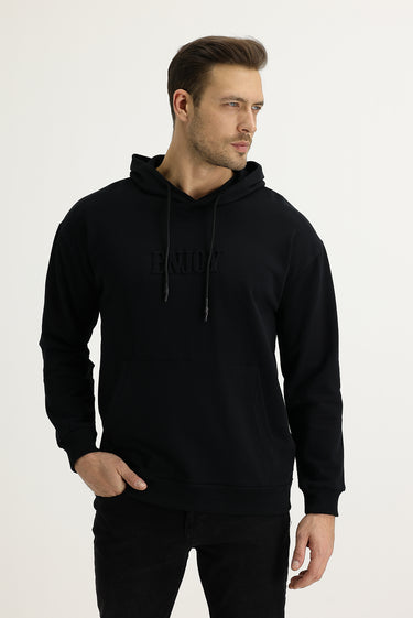 Siyah Kapüşonlu Baskılı Pamuk Sweatshirt
