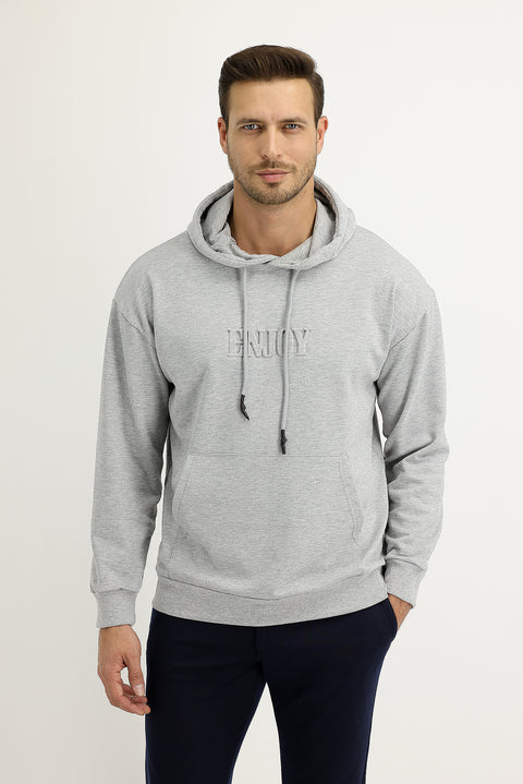 Açık Gri Melanj Kapüşonlu Baskılı Pamuk Sweatshirt