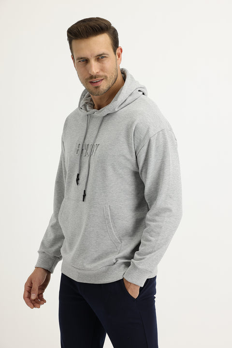 Açık Gri Melanj Kapüşonlu Baskılı Pamuk Sweatshirt