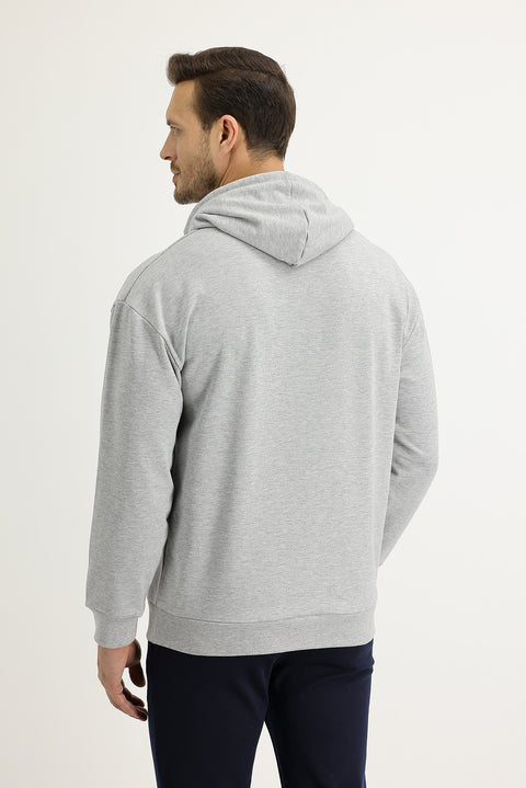 Açık Gri Melanj Kapüşonlu Baskılı Pamuk Sweatshirt