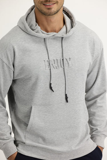 Açık Gri Melanj Kapüşonlu Baskılı Pamuk Sweatshirt