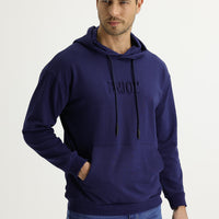 Koyu Lacivert Kapüşonlu Baskılı Pamuk Sweatshirt