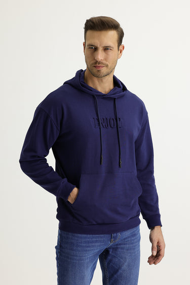Koyu Lacivert Kapüşonlu Baskılı Pamuk Sweatshirt