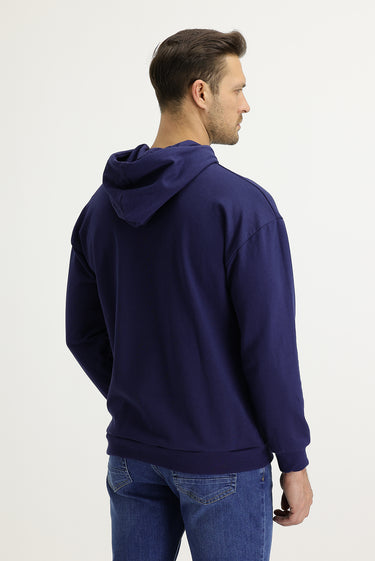 Koyu Lacivert Kapüşonlu Baskılı Pamuk Sweatshirt
