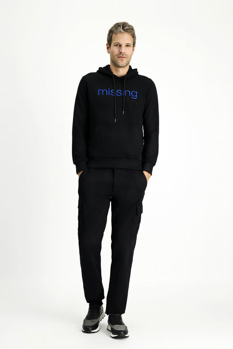 Black Hooded Slim Fit Printed Cotton Sweatshirt