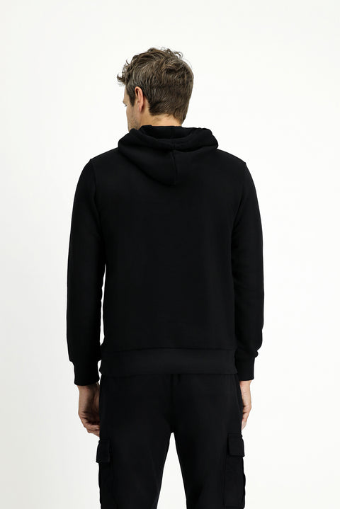 Black Hooded Slim Fit Printed Cotton Sweatshirt