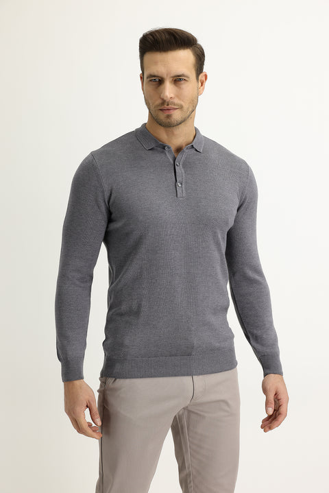 Orta Gri Melanj Polo Yaka Regular Fit Triko Kazak