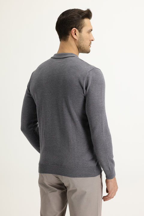 Orta Gri Melanj Polo Yaka Regular Fit Triko Kazak