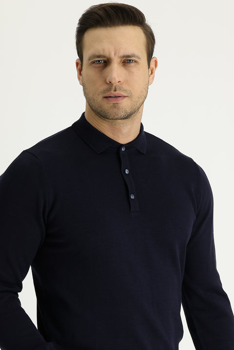Koyu Lacivert Polo Yaka Regular Fit Triko Kazak