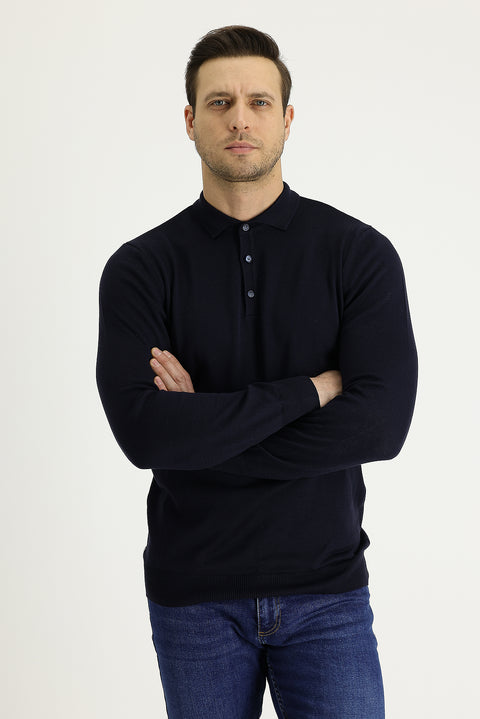 Koyu Lacivert Polo Yaka Regular Fit Triko Kazak