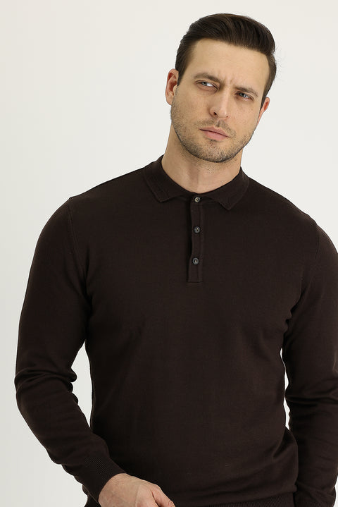 Orta Kahve Polo Yaka Regular Fit Triko Kazak