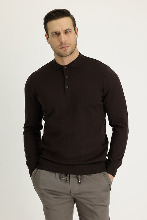 Orta Kahve Polo Yaka Regular Fit Triko Kazak