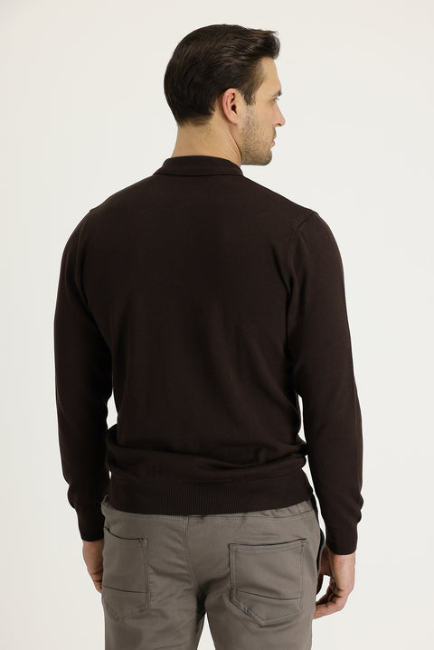 Orta Kahve Polo Yaka Regular Fit Triko Kazak