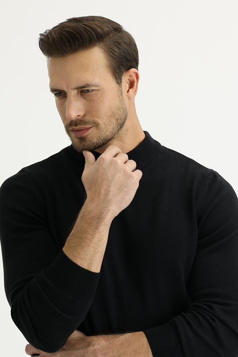 Siyah Yarım Balıkçı Yaka Regular Fit Triko Kazak
