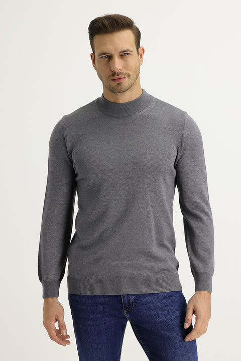 Orta Gri Melanj Yarım Balıkçı Yaka Regular Fit Triko Kazak