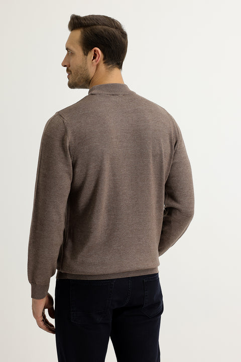 Açık Kahve Melanj Yarım Balıkçı Yaka Regular Fit Triko Kazak