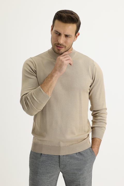 Orta Bej Yarım Balıkçı Yaka Regular Fit Triko Kazak