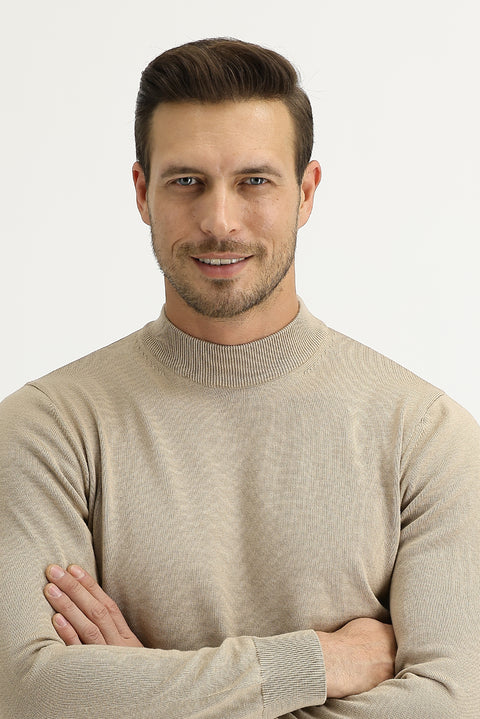 Orta Bej Yarım Balıkçı Yaka Regular Fit Triko Kazak