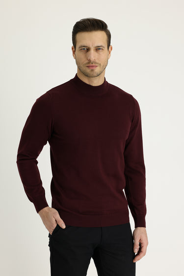  Koyu Bordo Yarım Balıkçı Yaka Regular Fit Triko Kazak