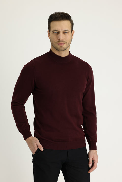 Koyu Bordo Yarım Balıkçı Yaka Regular Fit Triko Kazak