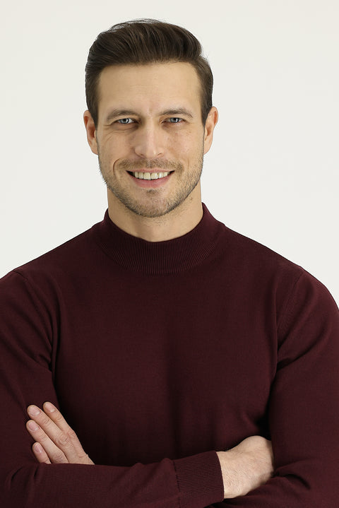 Koyu Bordo Yarım Balıkçı Yaka Regular Fit Triko Kazak