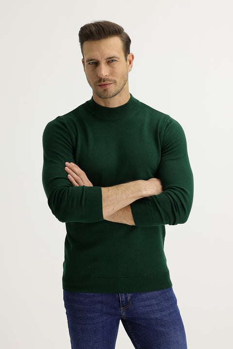 Koyu Yeşil Yarım Balıkçı Yaka Regular Fit Triko Kazak