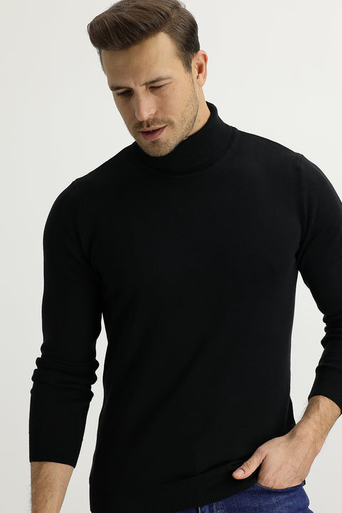 Siyah Balıkçı Yaka Regular Fit Triko Kazak