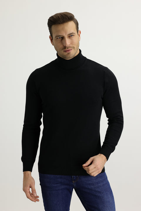 Siyah Balıkçı Yaka Regular Fit Triko Kazak