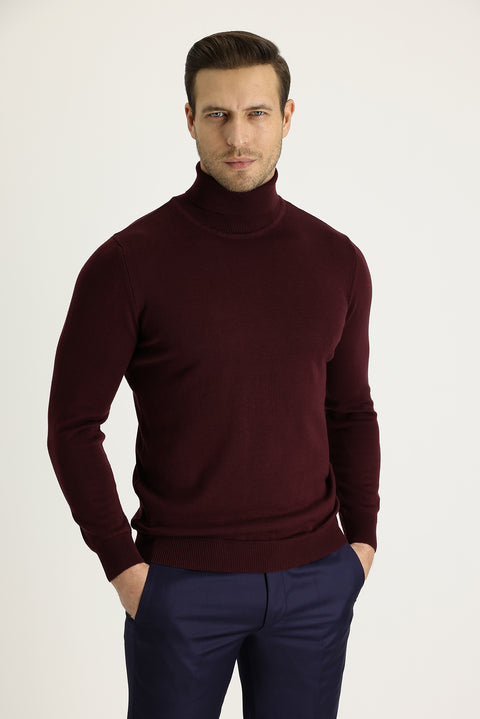 Koyu Bordo Balıkçı Yaka Regular Fit Pamuklu Triko Kazak