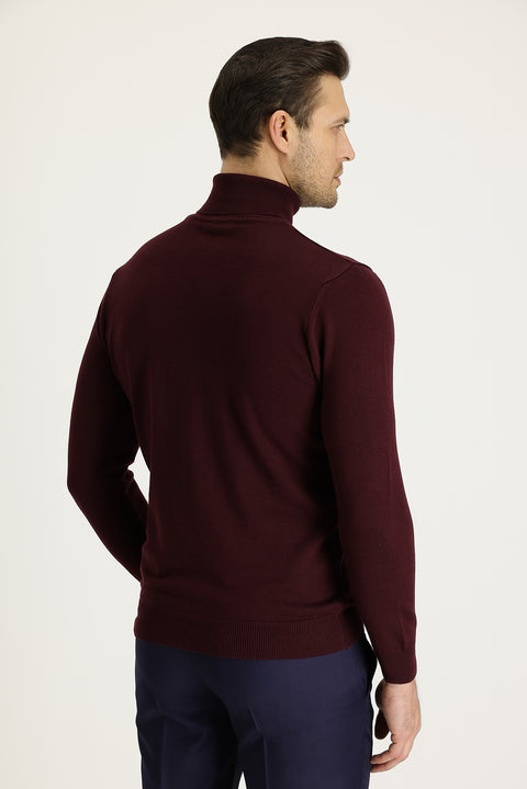 Koyu Bordo Balıkçı Yaka Regular Fit Pamuklu Triko Kazak