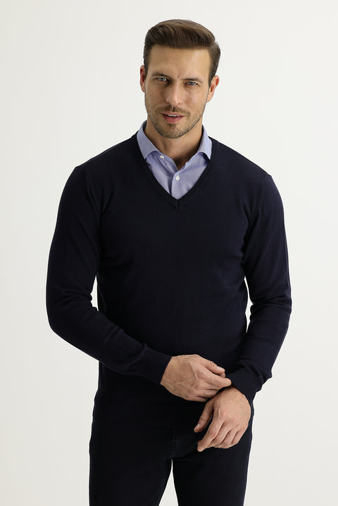 Koyu Lacivert V Yaka Regular Fit Triko Kazak