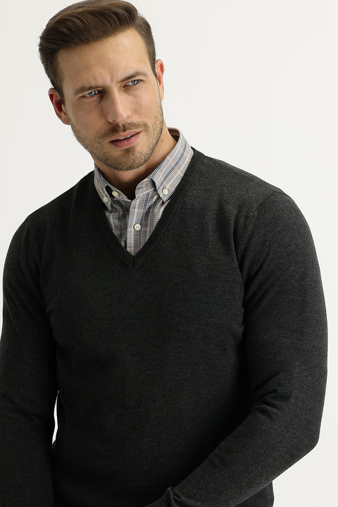 Koyu Antrasit V Yaka Regular Fit Pamuklu Triko Kazak