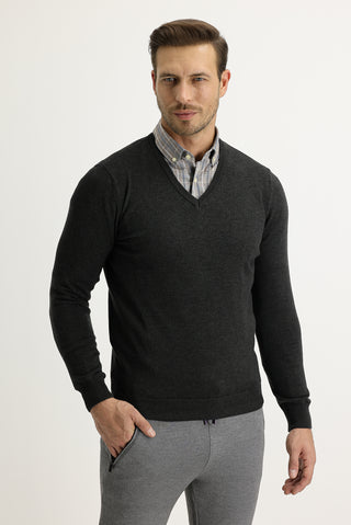  Koyu Antrasit V Yaka Regular Fit Triko Kazak