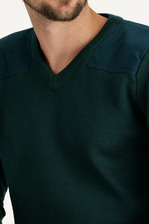 Koyu Yeşil V Yaka Super Slim Fit Ekstra Dar Kesim Çelik Örgü Triko Kazak