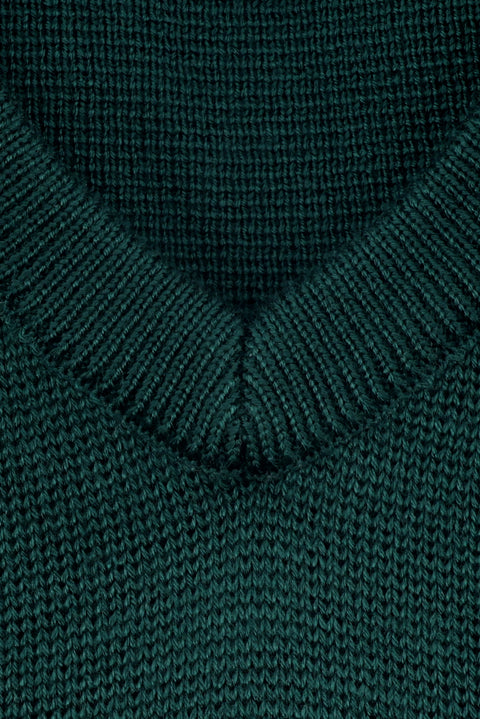 Koyu Yeşil V Yaka Super Slim Fit Ekstra Dar Kesim Çelik Örgü Triko Kazak