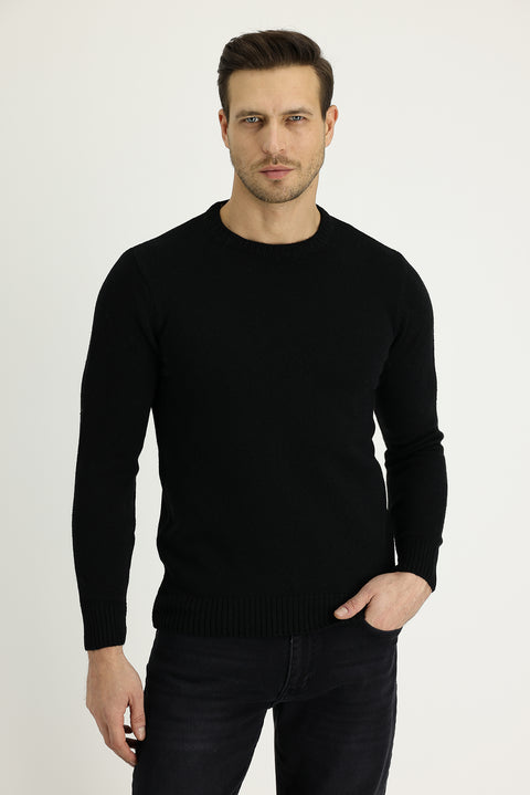 Siyah Bisiklet Yaka Slim Fit Dar Kesim Yünlü Triko Kazak