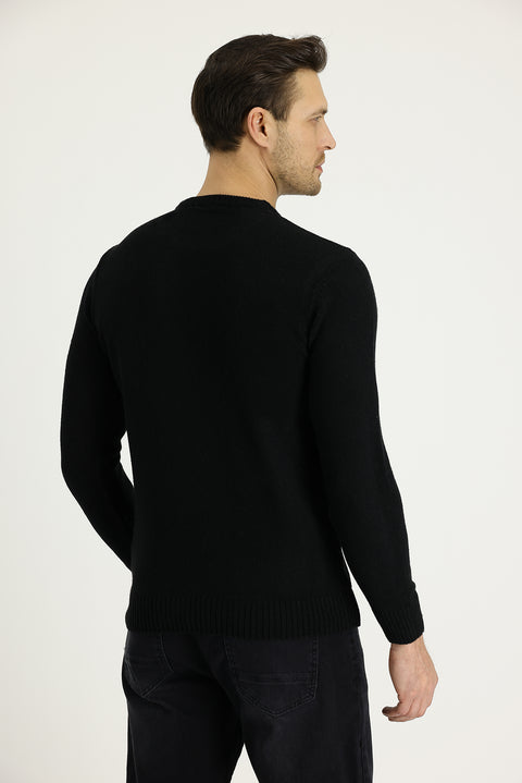 Siyah Bisiklet Yaka Slim Fit Dar Kesim Yünlü Triko Kazak