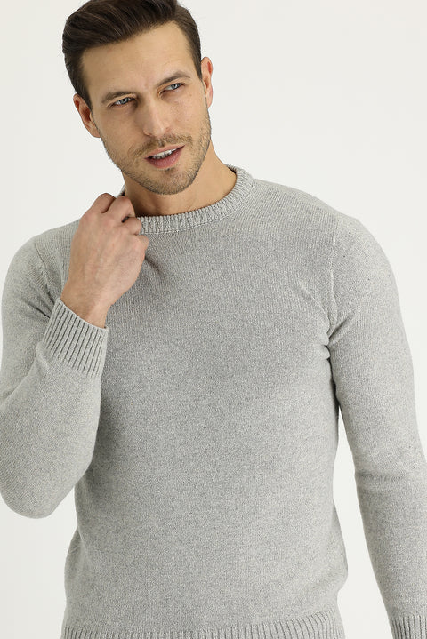 Orta Gri Bisiklet Yaka Slim Fit Dar Kesim Yünlü Triko Kazak