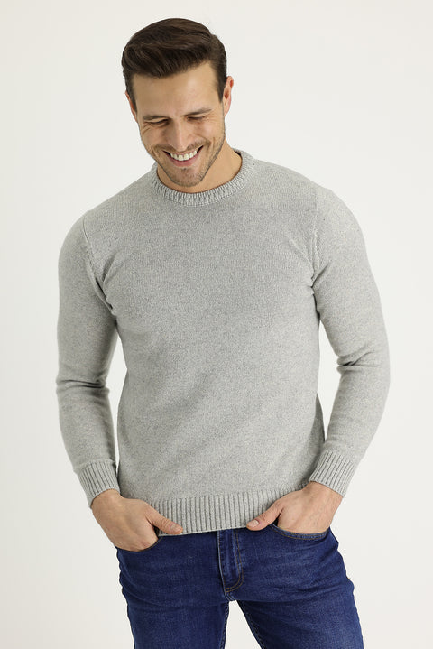 Orta Gri Bisiklet Yaka Slim Fit Dar Kesim Yünlü Triko Kazak