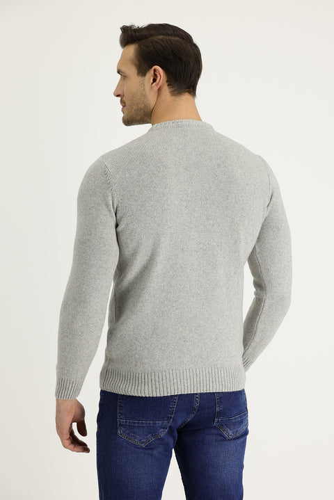 Orta Gri Bisiklet Yaka Slim Fit Dar Kesim Yünlü Triko Kazak