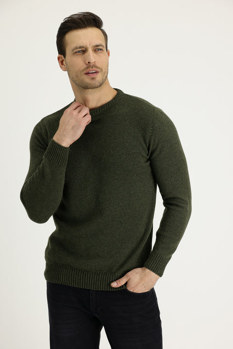 Orta Haki Bisiklet Yaka Slim Fit Dar Kesim Yünlü Triko Kazak