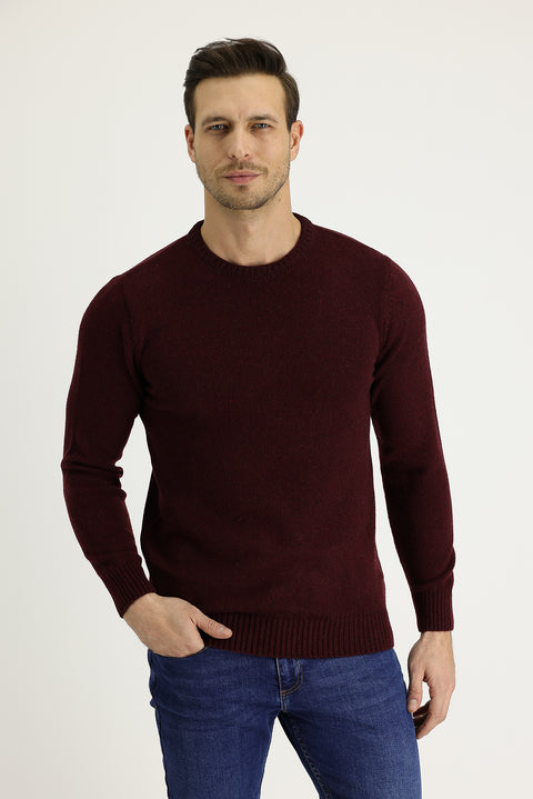 Şarap Bordo Bisiklet Yaka Slim Fit Dar Kesim Yünlü Triko Kazak