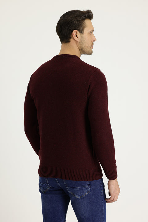 Şarap Bordo Bisiklet Yaka Slim Fit Dar Kesim Yünlü Triko Kazak