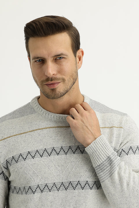 Açık Gri Bisiklet Yaka Regular Fit Yünlü Triko Kazak