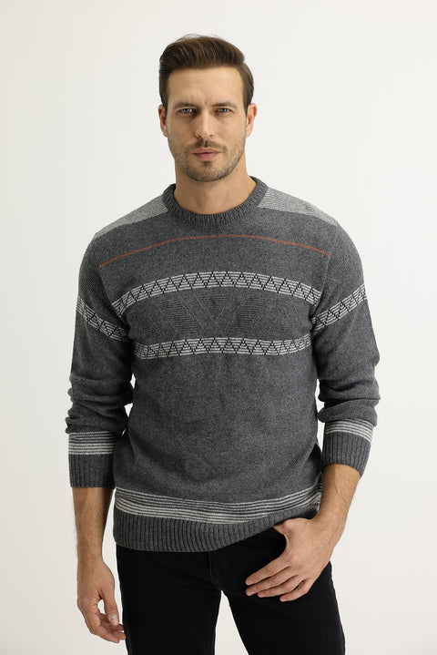 Orta Füme Bisiklet Yaka Regular Fit Yünlü Triko Kazak