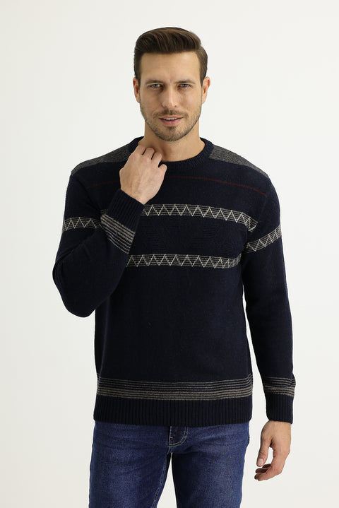 Orta Lacivert Bisiklet Yaka Regular Fit Yünlü Triko Kazak