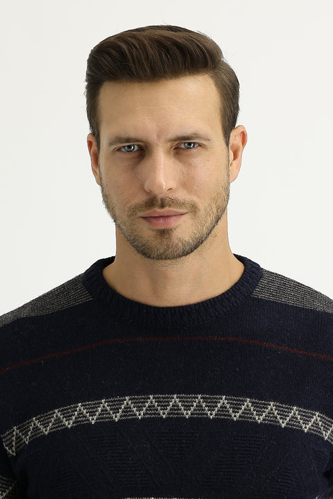 Orta Lacivert Bisiklet Yaka Regular Fit Yünlü Triko Kazak