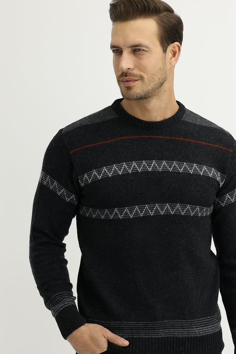 Orta Antrasit Bisiklet Yaka Regular Fit Yünlü Triko Kazak